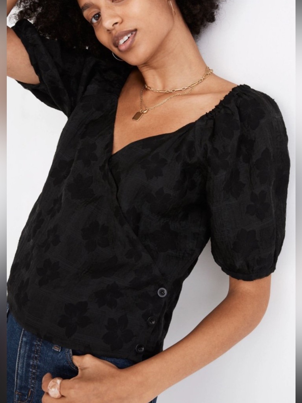 Madewell Textured Floral Puff-Sleeve Black Wrap Top size small - Madewell top s